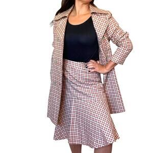 1970s UK-Inspired Plaid Trench Coat & Flounce Skirt Set  Belted 2-Piece Gingham